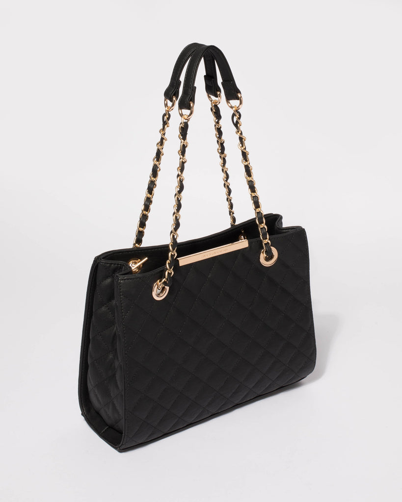 Black Megan Quilted Tote Bag With Gold Hardware