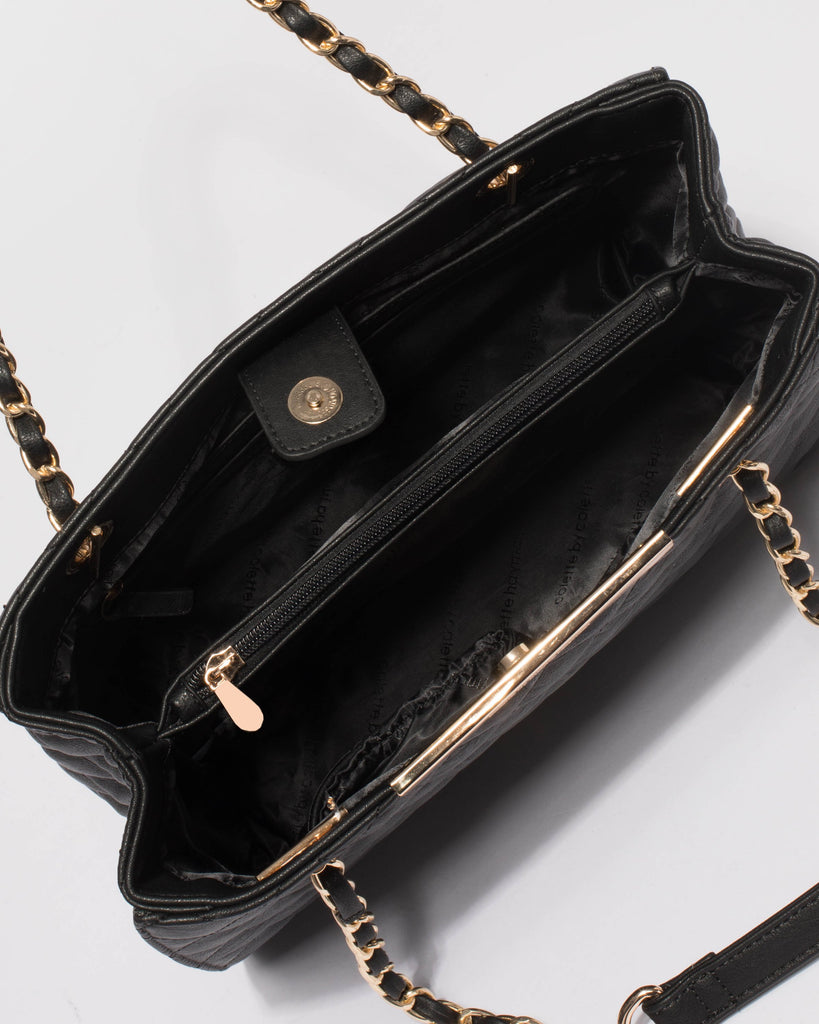 Black Megan Quilted Tote Bag With Gold Hardware