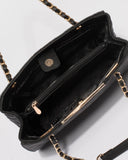 Black Megan Quilted Tote Bag With Gold Hardware