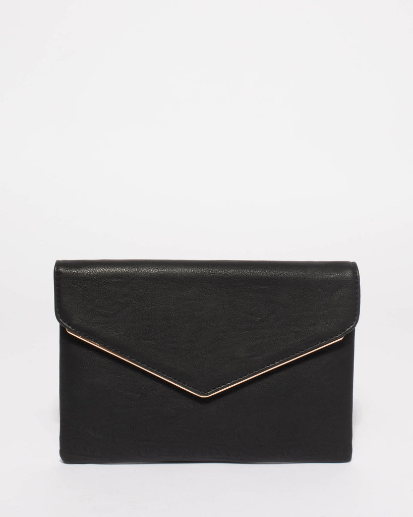 Black Smooth Samantha Clutch Bag With Gold Hardware
