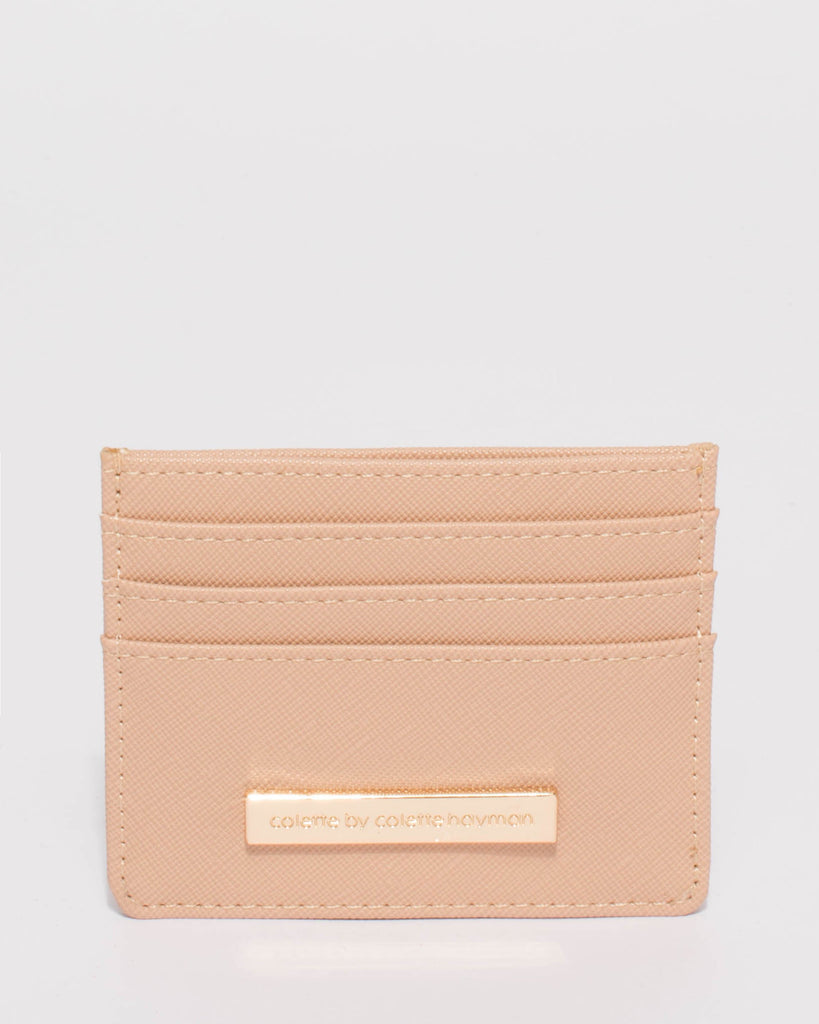 Beige Saffiano Mila Card Purse With Gold Hardware