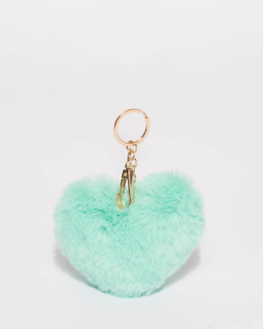 Turquoise Gold Tone Love Heart Fluffy Key Ring