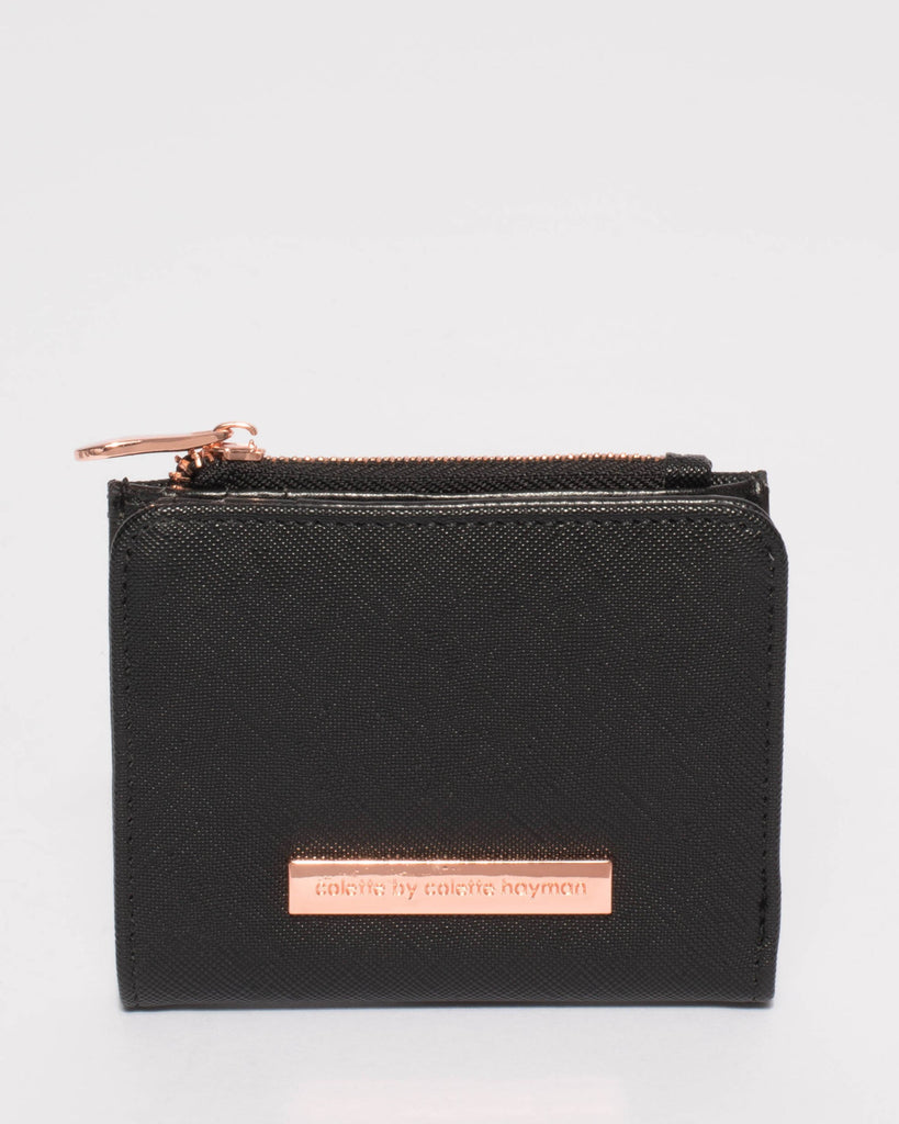Black Saffiano Han Mini Wallet With Rose Gold Hardware