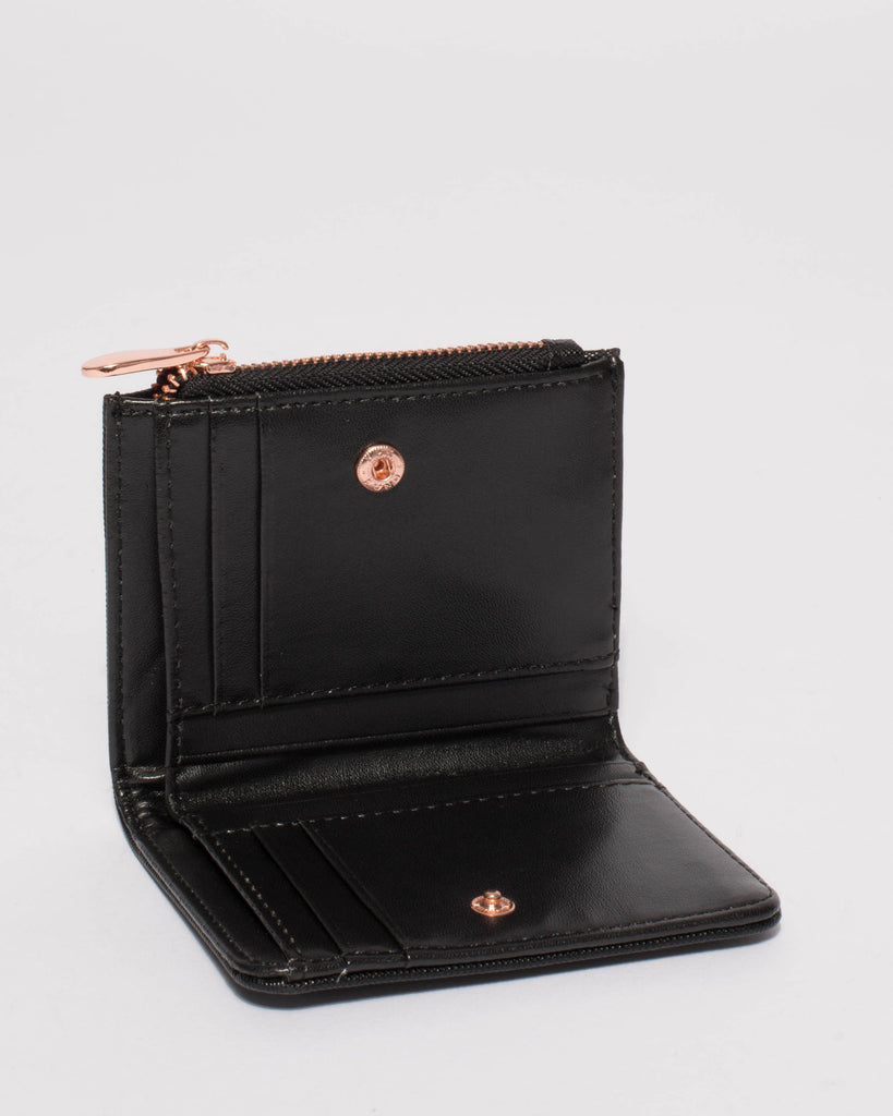 Black Saffiano Han Mini Wallet With Rose Gold Hardware