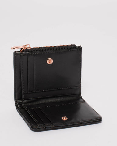 Black Saffiano Han Mini Wallet With Rose Gold Hardware