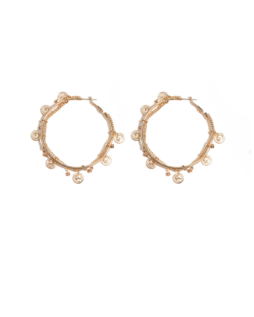 Gold Tone Coin Charm Hoop Earrings