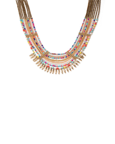 Multi Colour Gold Tone Multi Row Beaded Statement Necklace