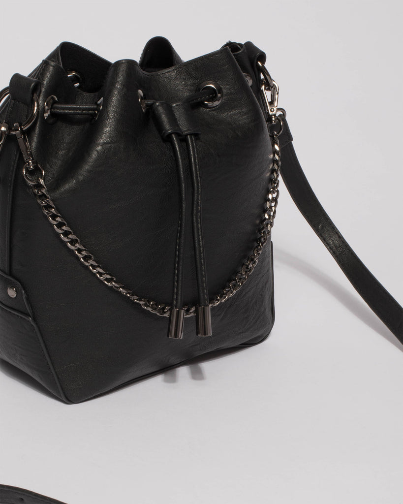 Black Jess Chain Bucket Bag With Gunmetal Hardware