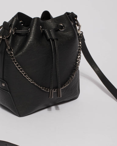 Black Jess Chain Bucket Bag With Gunmetal Hardware
