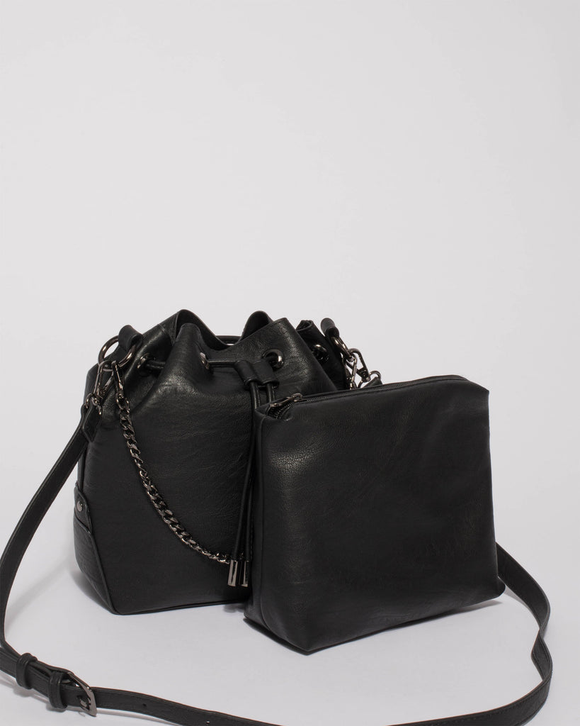 Black Jess Chain Bucket Bag With Gunmetal Hardware