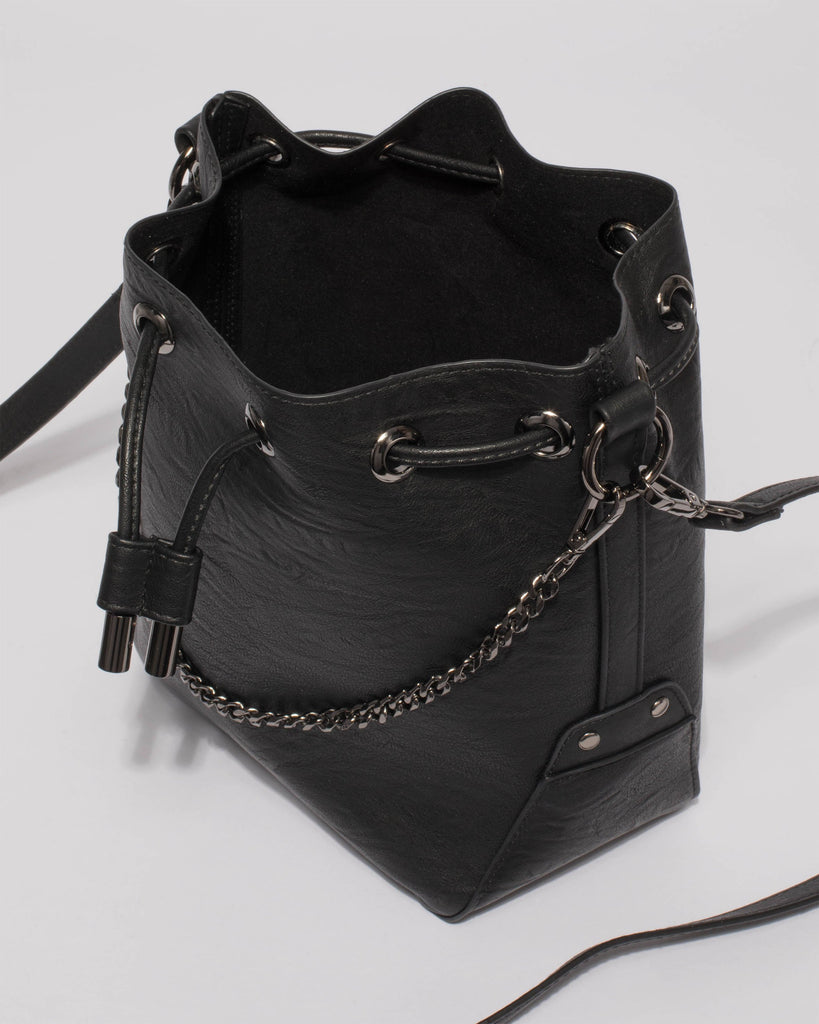 Black Jess Chain Bucket Bag With Gunmetal Hardware
