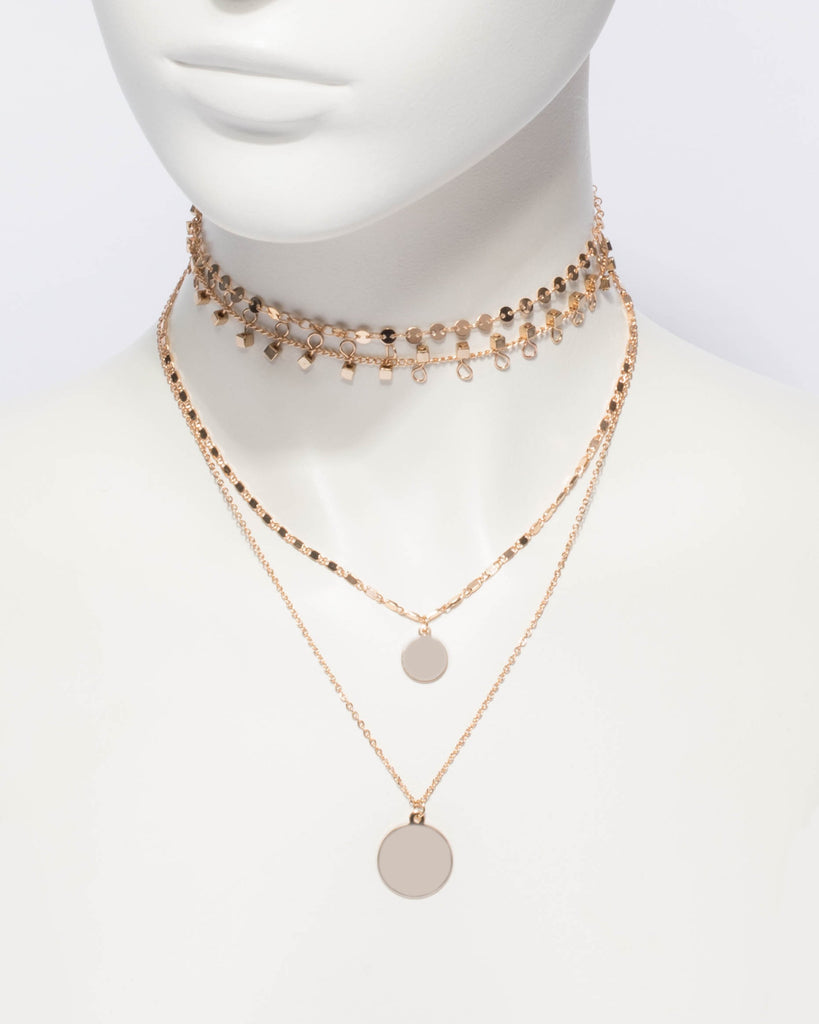 Disc Pendant And Choker 3 Pack Necklace