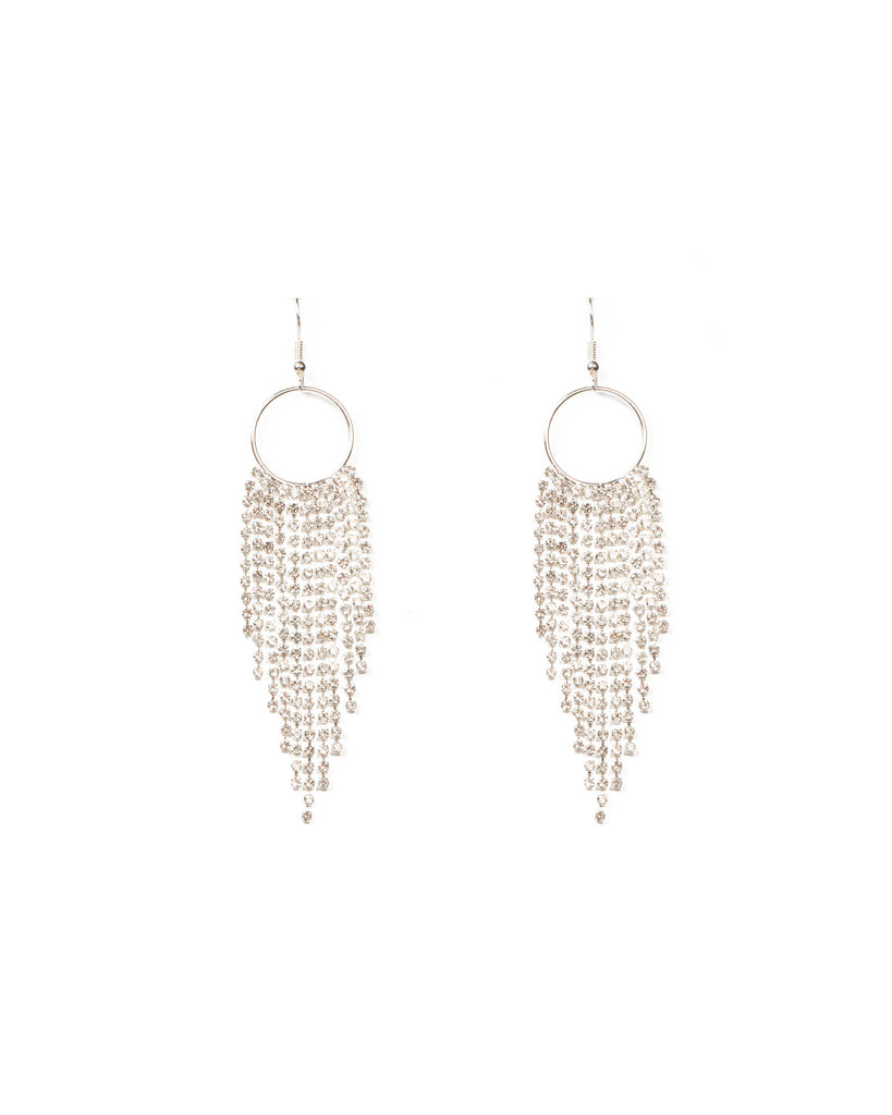 Crystal Silver Tone Diamante Chain Tassel Earrings