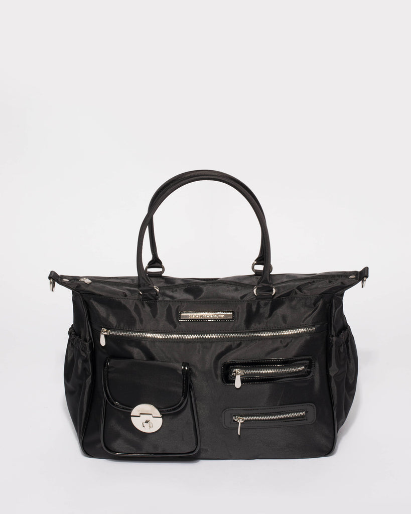 Pocket and Zip Black Nylon Baby Bag