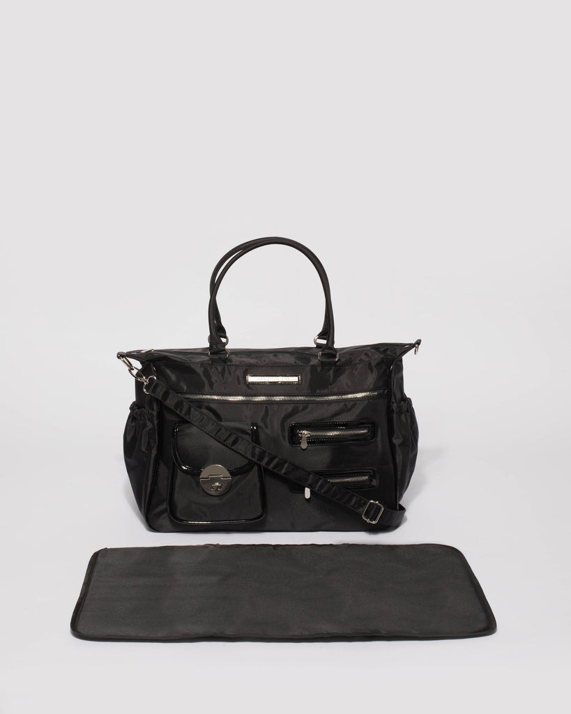 Pocket and Zip Black Nylon Baby Bag