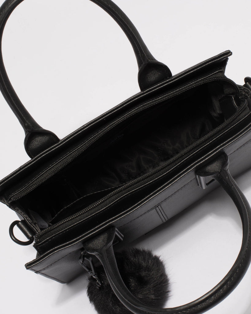 Black Saffiano Stef Pom Pom Mini Bag