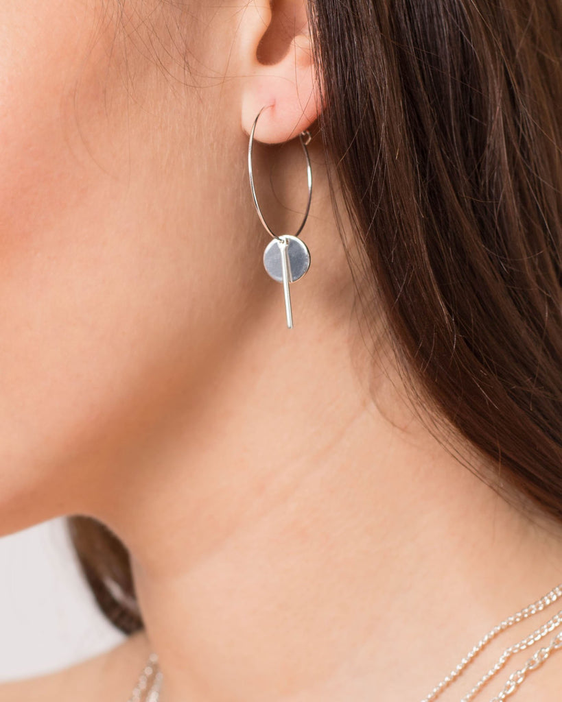 Silver Tone Circle Bar On Hoop Earrings