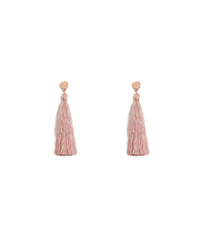 Pink Rose Gold Tone Disc Stud Tassel Earrings