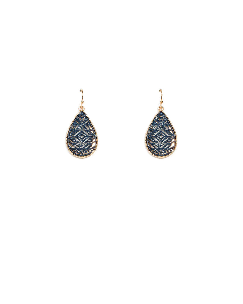 Blue Gold Tone Pattern Teardrop Earrings