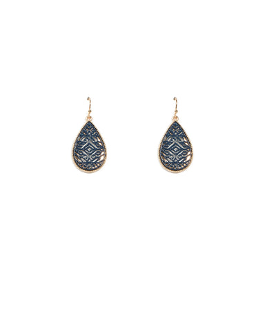 Blue Gold Tone Pattern Teardrop Earrings