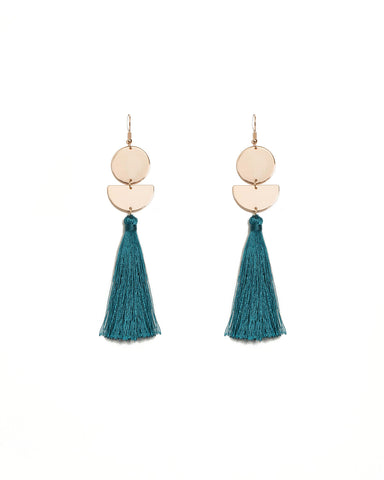 Geo Disc Blue Tassel Statement Earringd