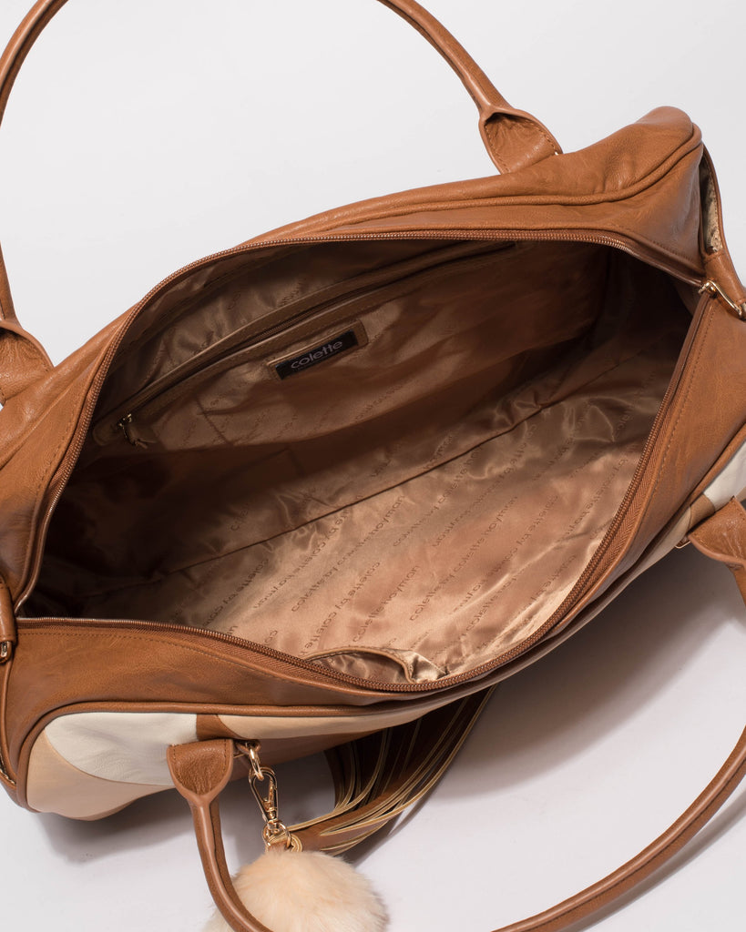 Tan Smooth Indie Weekender Bag With Gold Hardware