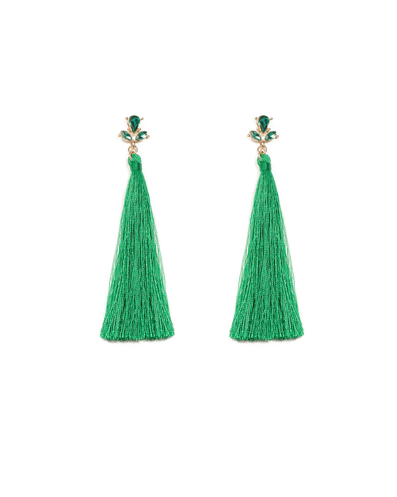 Top Stone Green Tassel Statement Earrings
