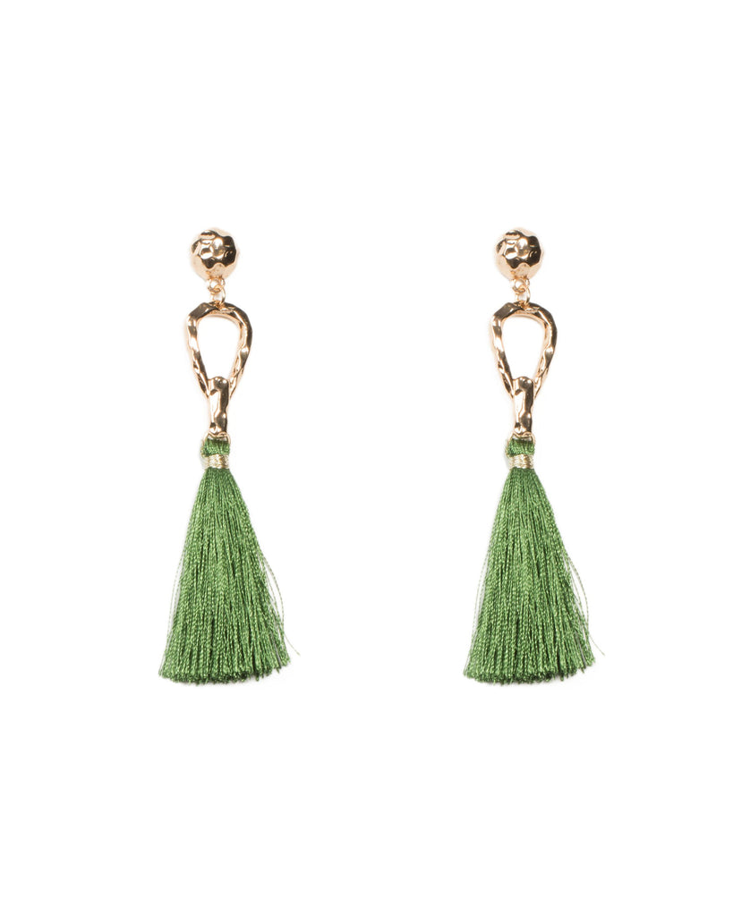 Gold Metal Loop Green Tassel Statement Earrings