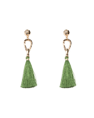 Gold Metal Loop Green Tassel Statement Earrings