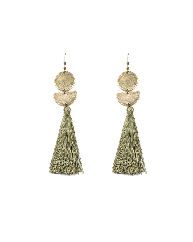 Green Antique Gold Tone Geometric Disc Tassel Earrings
