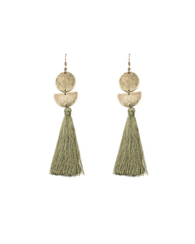 Green Antique Gold Tone Geometric Disc Tassel Earrings