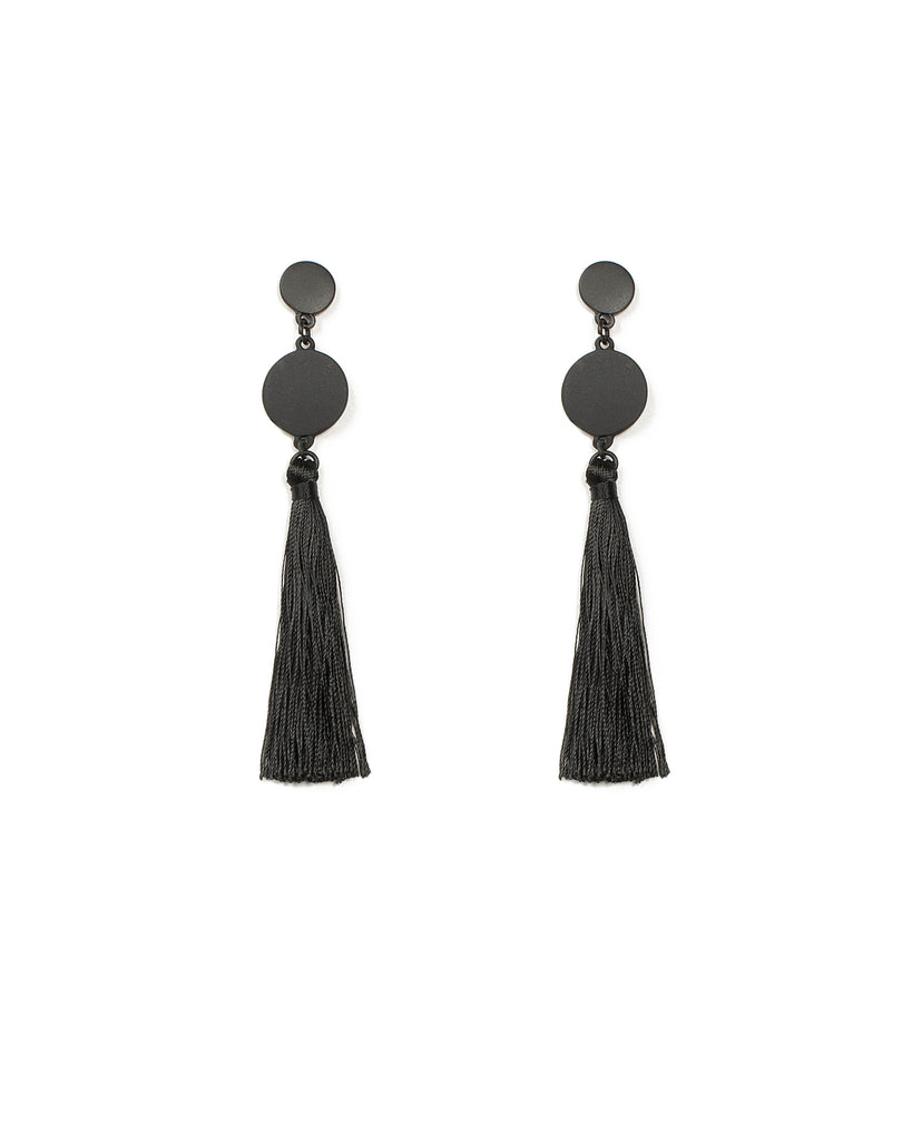 Double Disk Drop Black Tassel Earrings