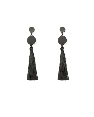 Double Disk Drop Black Tassel Earrings