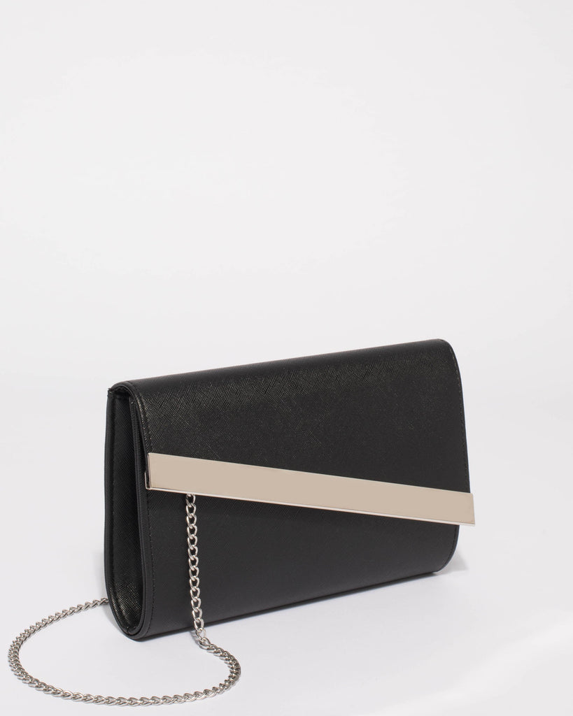 Black Tessa Diagonal Clutch Bag With Silver Hardware