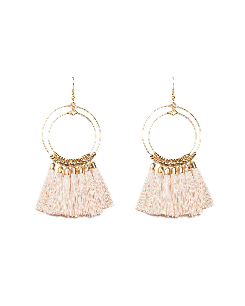 Gold Double Beaded Ring Pink Tassel Statement Earrings