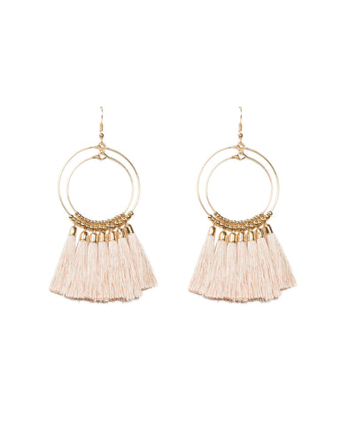 Gold Double Beaded Ring Pink Tassel Statement Earrings