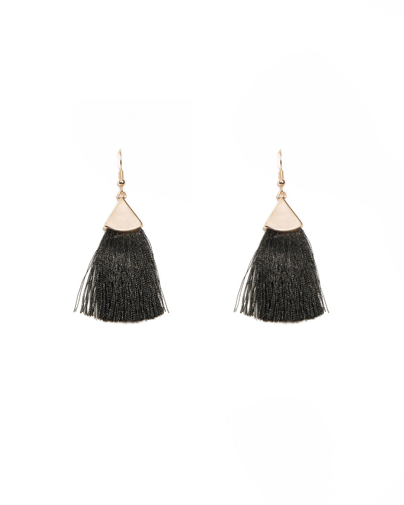 Gold Triangle Small Black Tassel Earrings