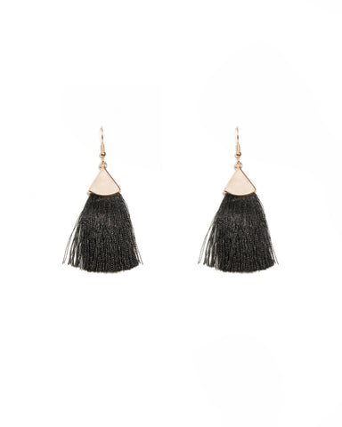 Gold Triangle Small Black Tassel Earrings