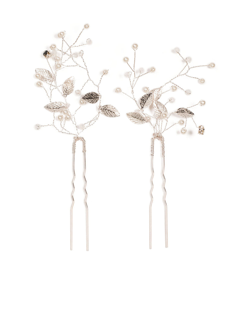 Crystal Silver Tone Pearl Leaf Hair Pin