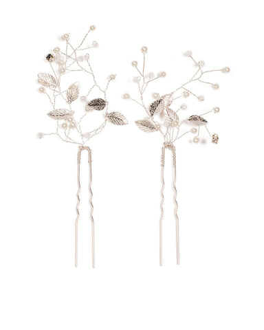 Crystal Silver Tone Pearl Leaf Hair Pin