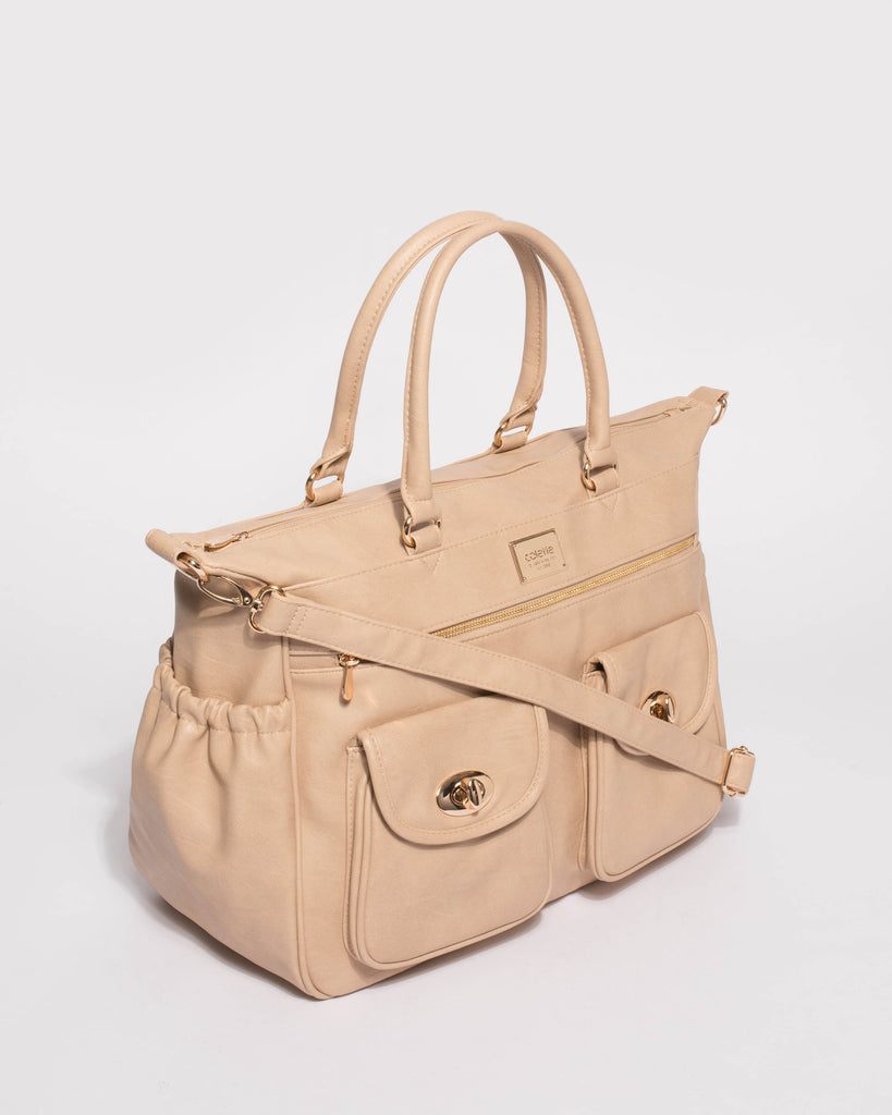 Nude Smooth Baby Travel Bag With Gold Hardware