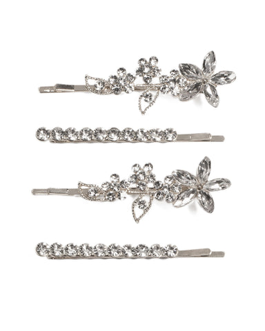 Diamante Stone Flower Silver Hair Pins