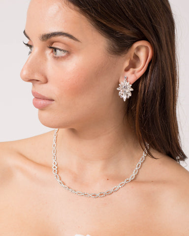 Crystal Silver Tone Cup Chain Crossover Necklace