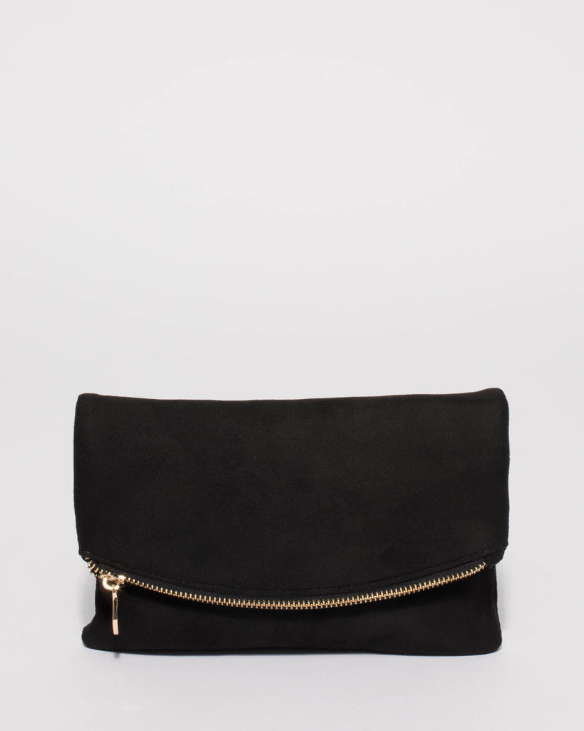 Black Suedette Zoe Fold Over Clutch Bag With Gold Hardware