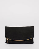 Black Suedette Zoe Fold Over Clutch Bag With Gold Hardware