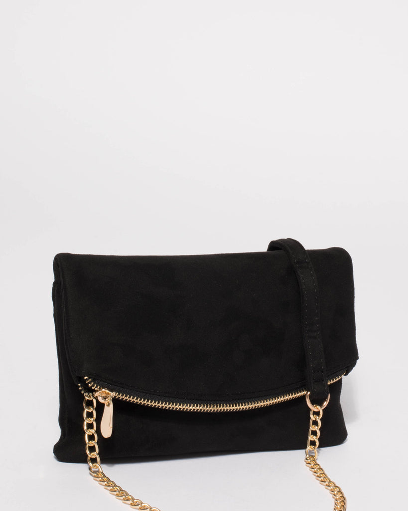 Black Suedette Zoe Fold Over Clutch Bag With Gold Hardware