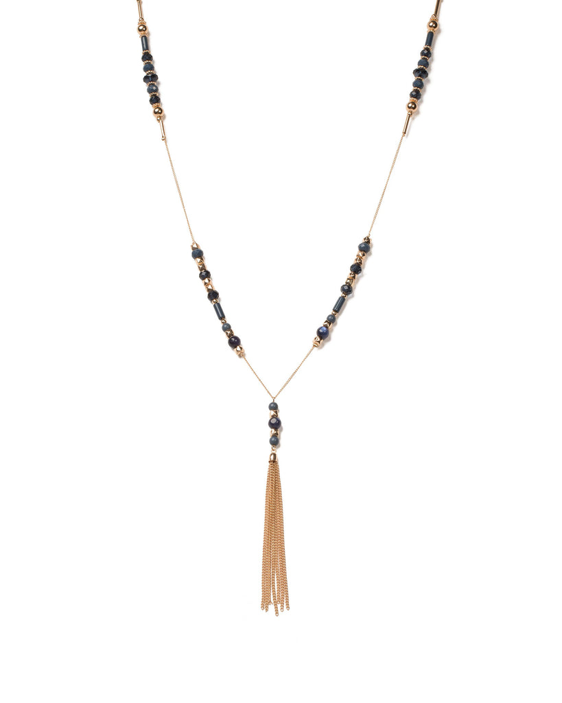 Blue Gold Tone Beaded Stationed Tassel Necklace