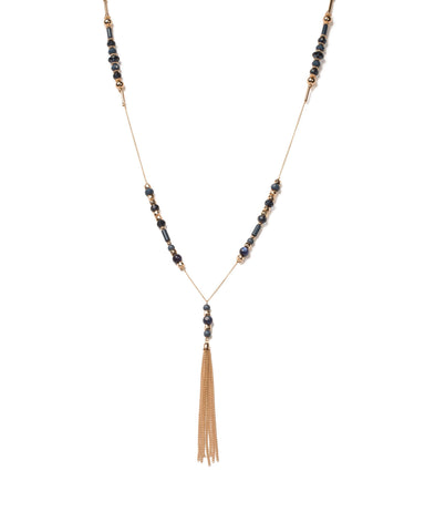 Blue Gold Tone Beaded Stationed Tassel Necklace