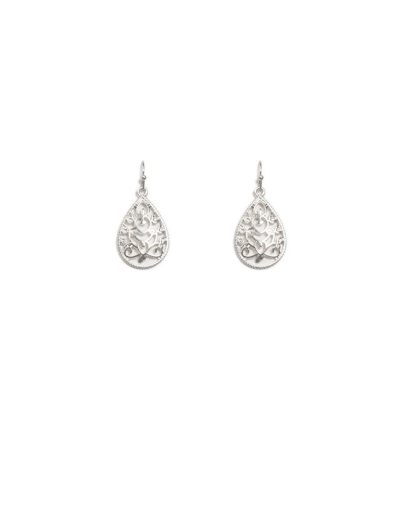 Silver Tone Filigree Teardrop Earrings