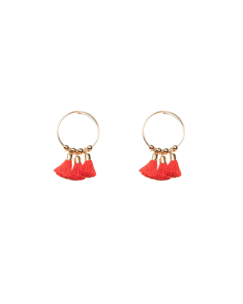 Red Gold Tone Mini Tassel Hoop Earrings